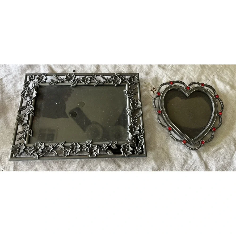 Vintage Pewter Frames Lot Photo Picture Heart Flower Floral Vine Set 2